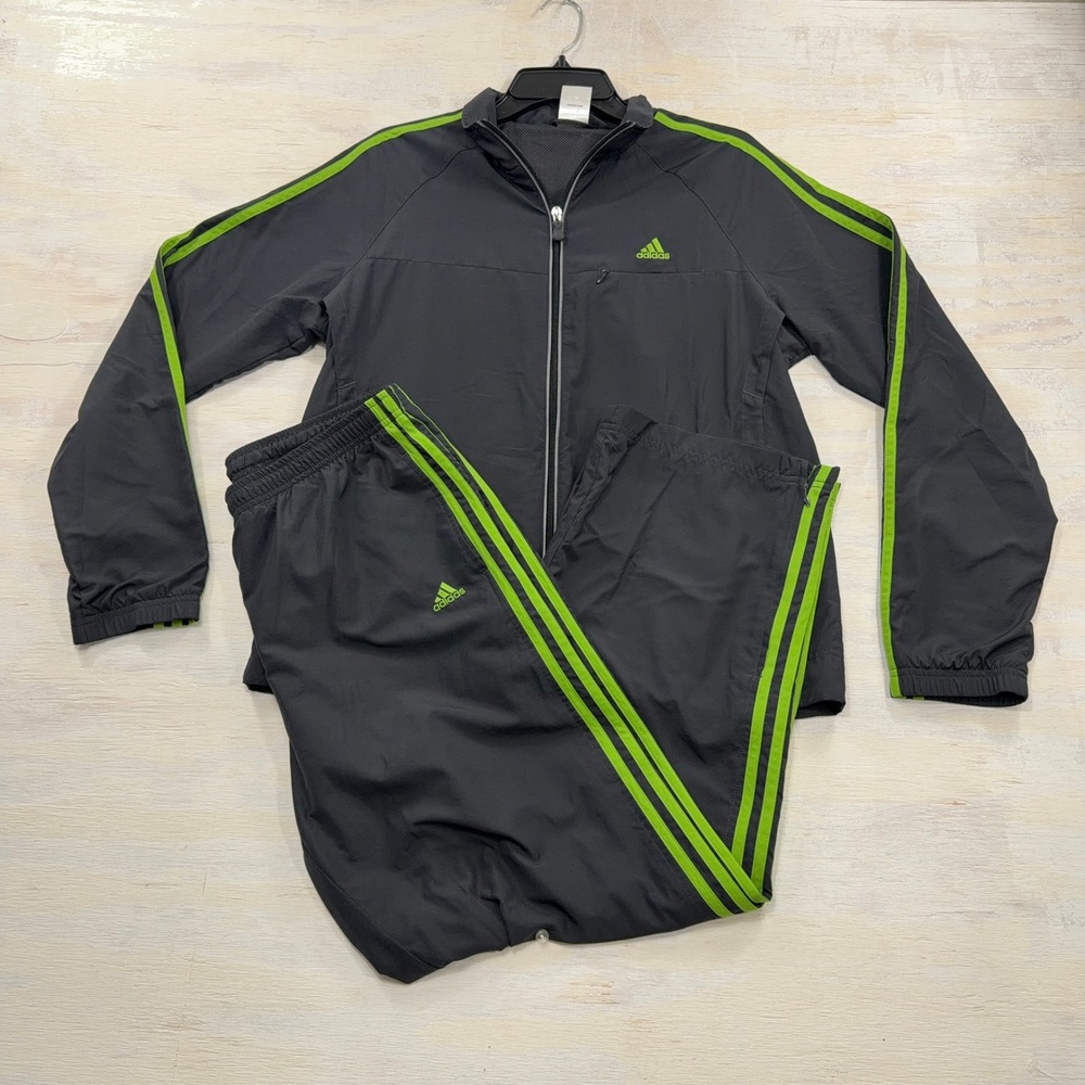Y2K Adidas Tracksuit Climalite 3-Stripe Set Large Jacket Pants Grey Green Mens